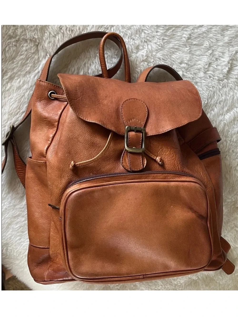 Cognac Brown Leather Backpack with Flap front & drawstring top